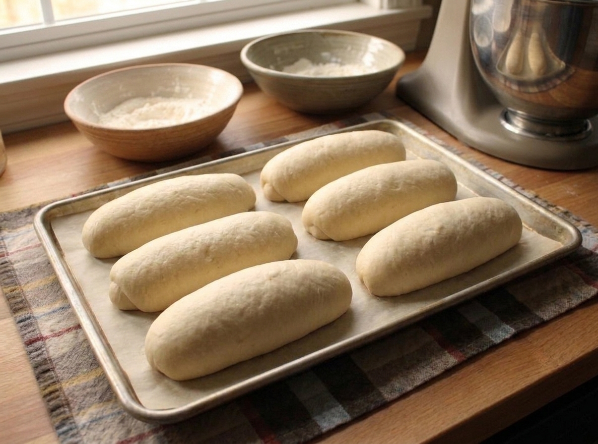 Raw hoagie roll dough logs evenly spaced on a parchment lined baking sheet on a kitchen counter, ready for the final rise