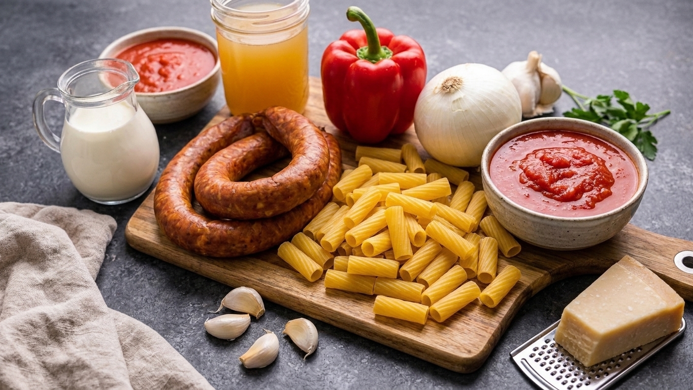 Raw ingredients for Cajun sausage pasta arranged on a kitchen counter, including smoked sausage, pasta, bell pepper, onion, garlic, crushed tomatoes, chicken broth, cream, and Parmesan