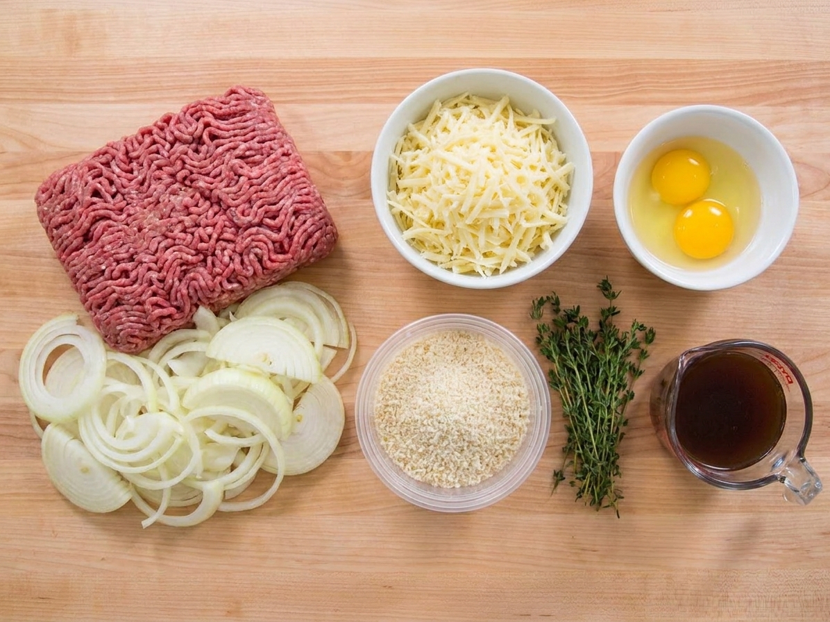 Raw ingredients for French onion meatloaf on a kitchen counter including ground beef, sliced onions, Gruyère, eggs, breadcrumbs, thyme, and beef broth