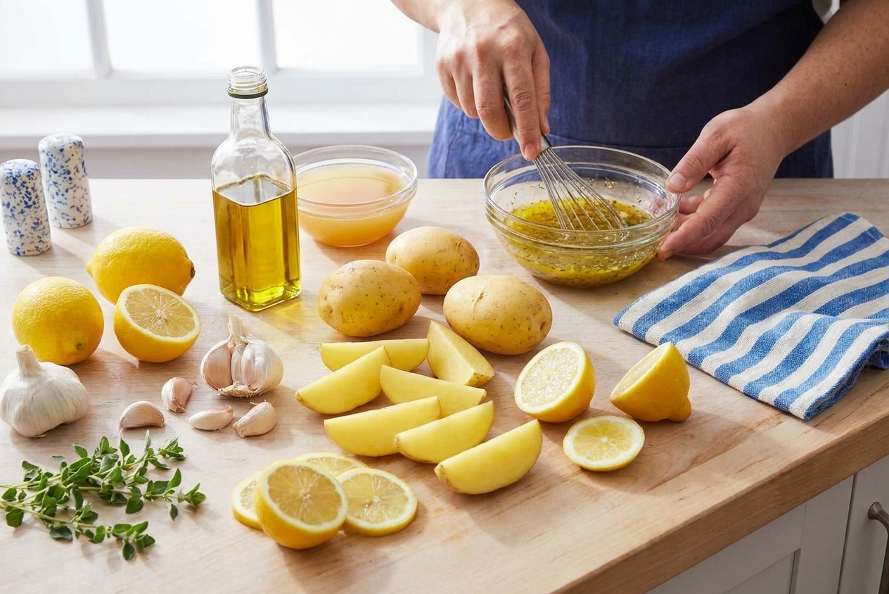 Raw ingredients for Greek lemon potatoes arranged on a light kitchen counter including Yukon Gold potatoes, lemons, garlic, olive oil, oregano, and a small bowl of broth