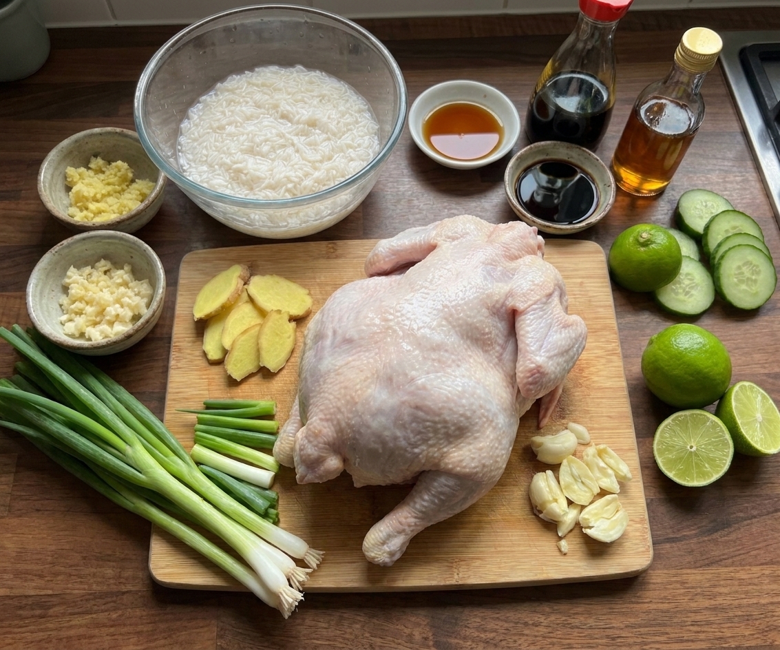 Raw ingredients for Hainanese chicken rice arranged on a kitchen counter including whole chicken, jasmine rice, ginger, garlic, scallions, cucumber, soy sauce, sesame oil, and limes