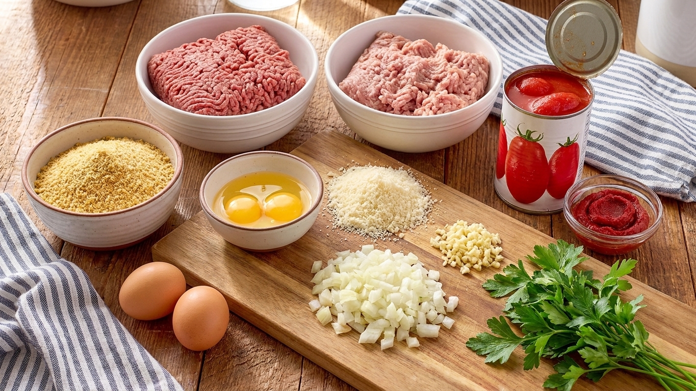 Raw ingredients for Italian meatloaf arranged on a kitchen counter: ground beef, ground pork, breadcrumbs, eggs, Parmesan, onion, garlic, parsley, and canned tomatoes
