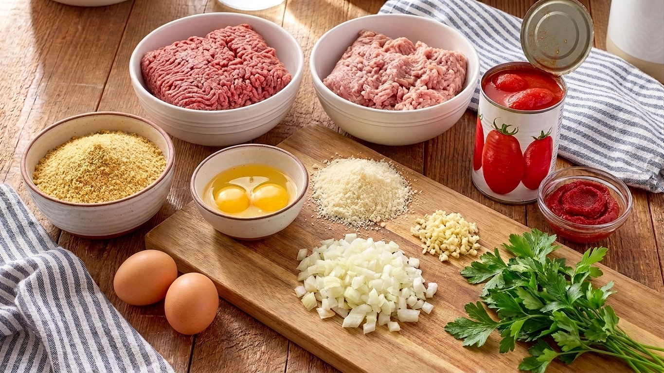Raw ingredients for Italian meatloaf arranged on a kitchen counter: ground beef, ground pork, breadcrumbs, eggs, Parmesan, onion, garlic, parsley, and canned tomatoes