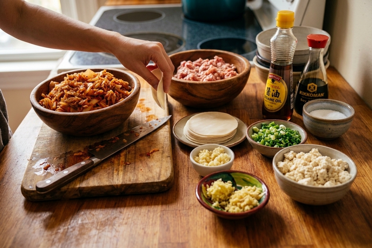 Raw ingredients for Korean dumplings arranged on a kitchen counter, including ground pork, chopped kimchi, green onions, garlic, ginger, tofu, dumpling wrappers, sesame oil, soy sauce, and a small bowl of salt