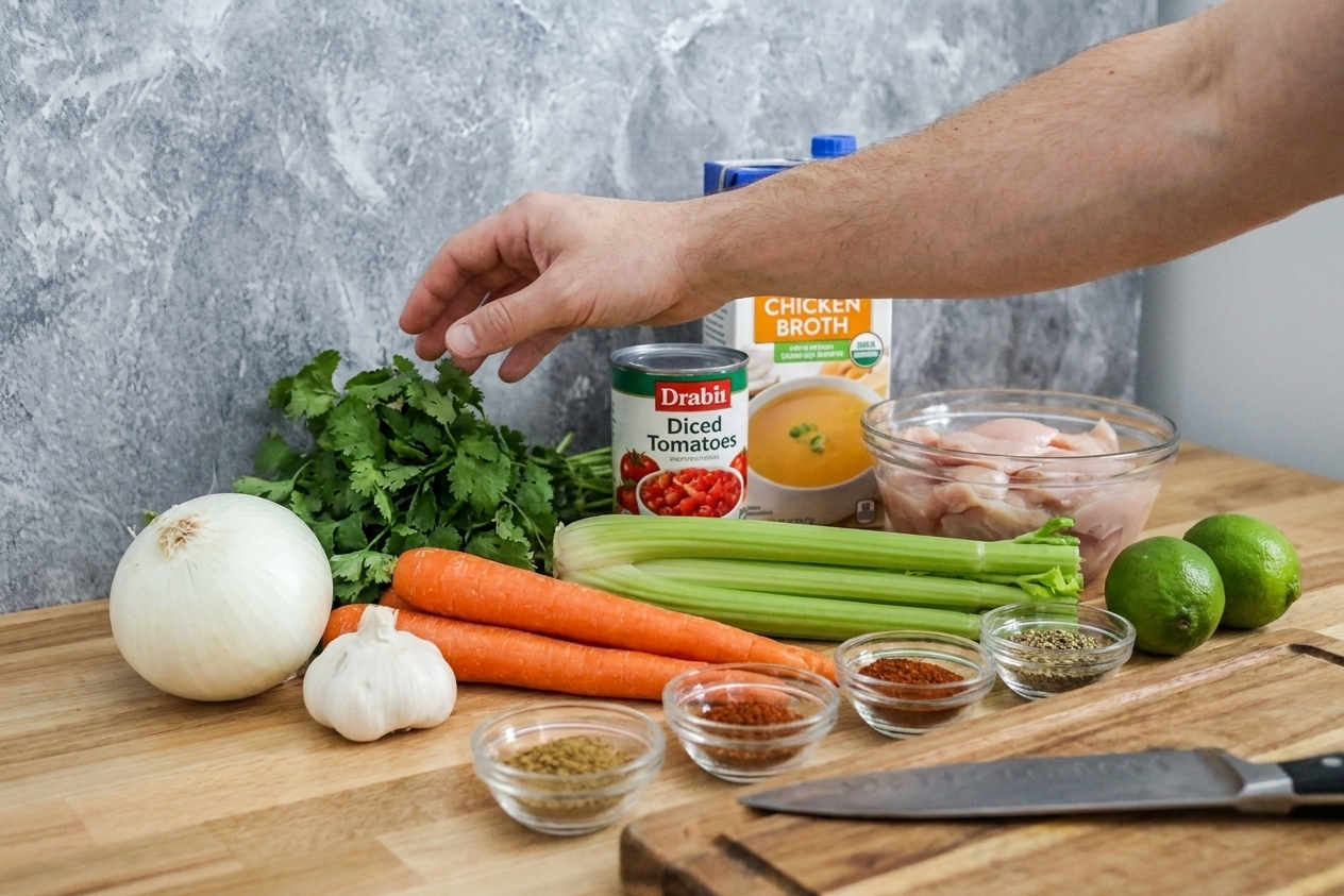 Raw ingredients for Mexican chicken soup arranged on a kitchen counter including onion, garlic, carrots, celery, canned tomatoes, broth, chicken, limes, cilantro, and spices
