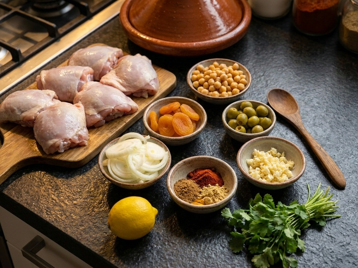 Raw ingredients for Moroccan chicken tagine arranged on a kitchen counter: chicken thighs, chickpeas, dried apricots, lemon, olives, onion, garlic, spices in small bowls, and a bunch of cilantro