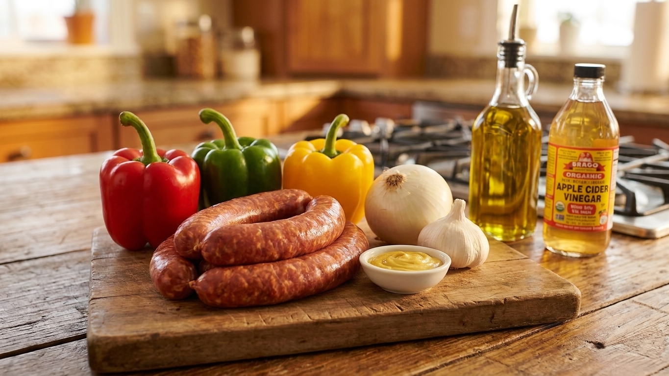 Raw ingredients for Polska sausage and peppers arranged on a light kitchen counter, including Polska sausage links, bell peppers, onions, garlic, mustard, vinegar, and olive oil
