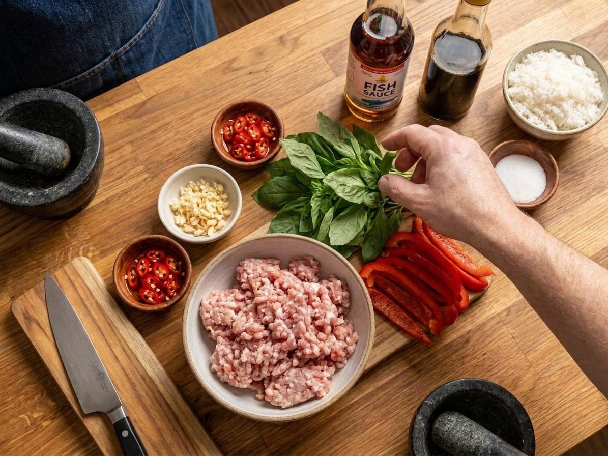 Raw ingredients for Thai-style basil stir-fry arranged on a kitchen counter, including ground meat, garlic, Thai chiles, basil leaves, sliced bell pepper, fish sauce, soy sauce, sugar, and jasmine rice