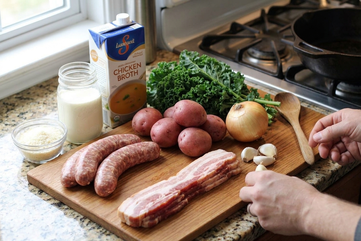 Raw ingredients for Toscana soup arranged on a kitchen surface, including Italian sausage, bacon, potatoes, kale, onion, garlic, broth, cream, and Parmesan