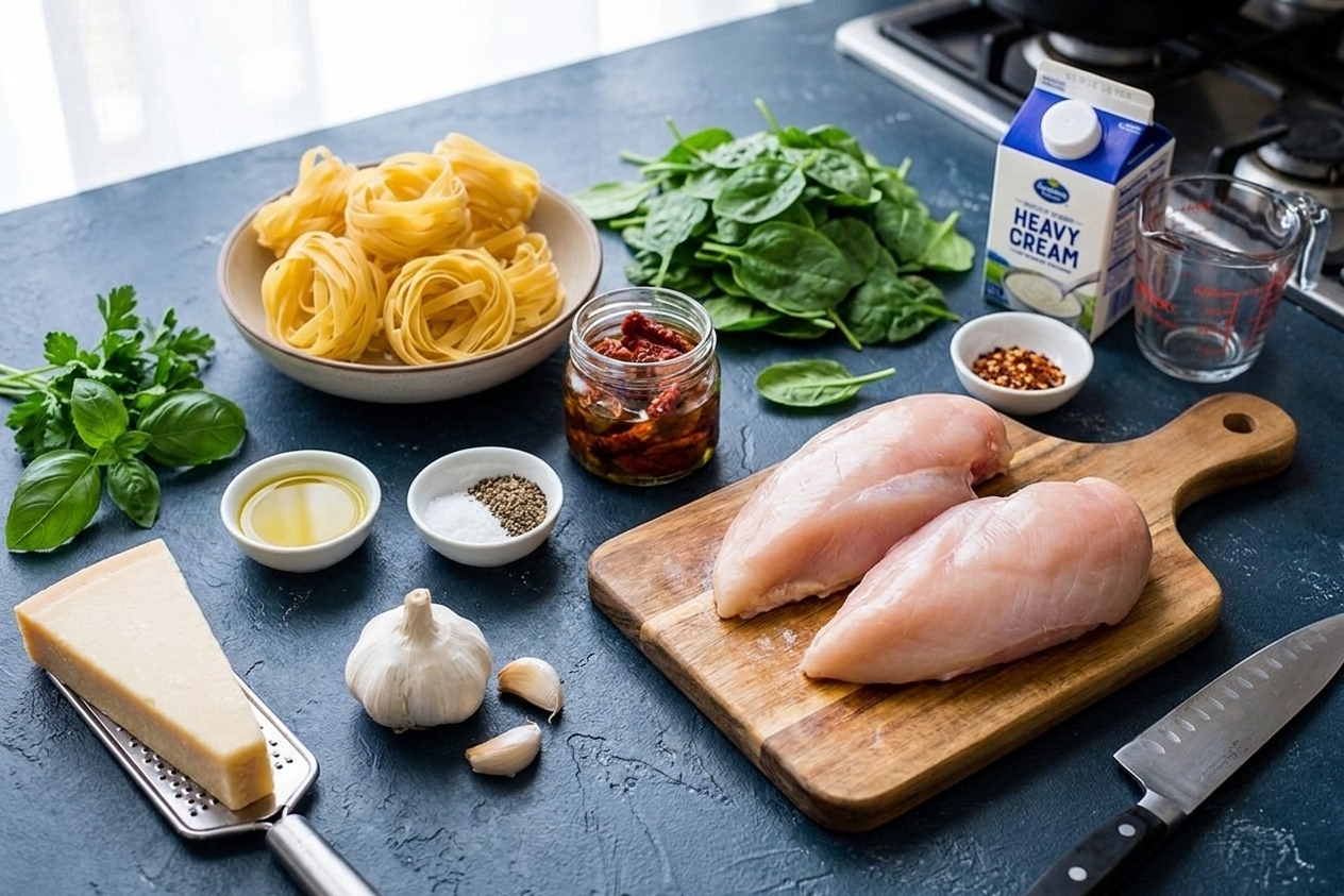 Raw ingredients for Tuscan chicken pasta laid out on a bright kitchen counter, including chicken breasts, pasta, spinach, sun-dried tomatoes, garlic, Parmesan, and cream