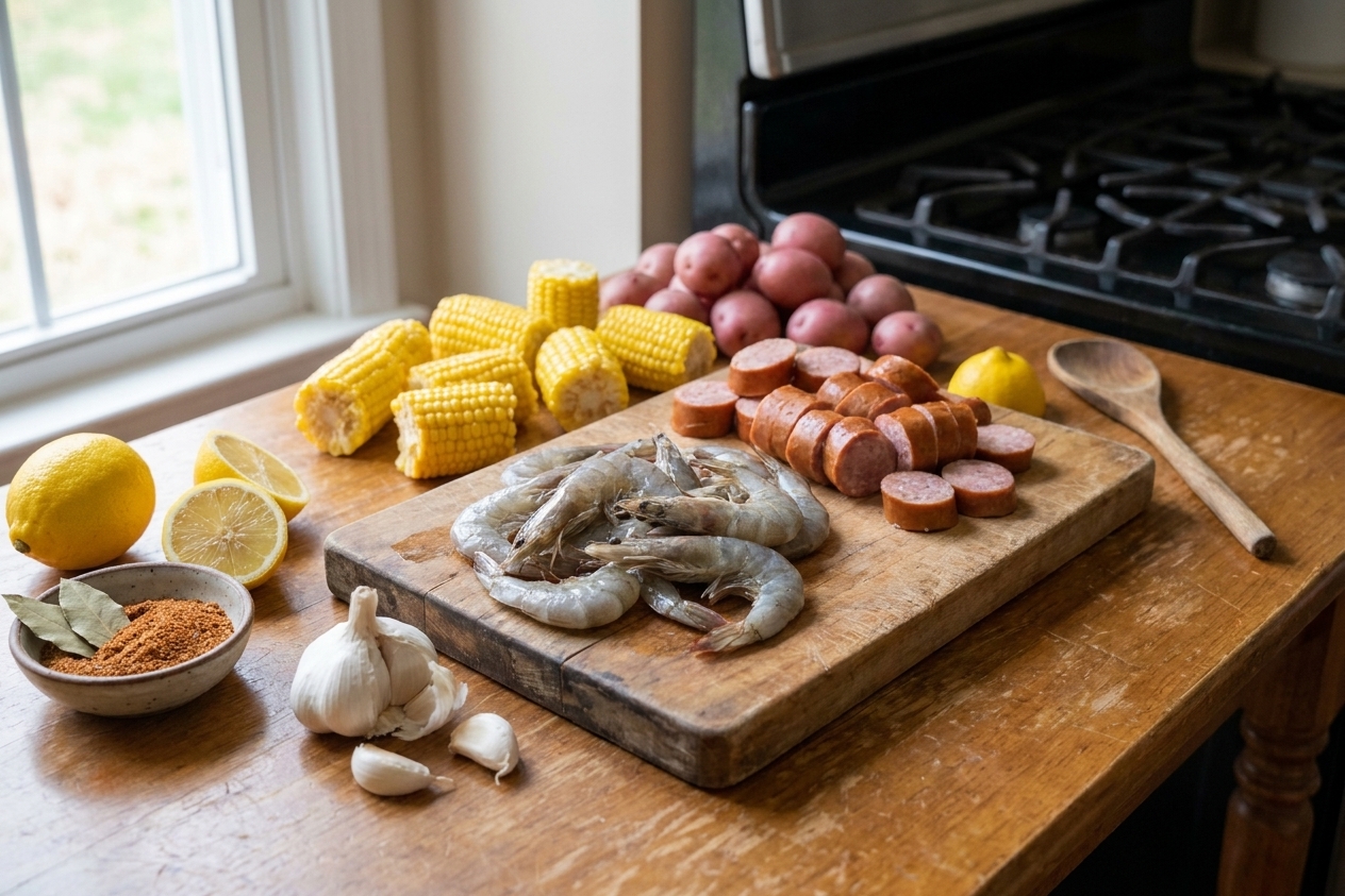 Raw ingredients for a Low Country Boil arranged on a kitchen counter: shrimp, smoked sausage, corn, red potatoes, lemons, garlic, and spices