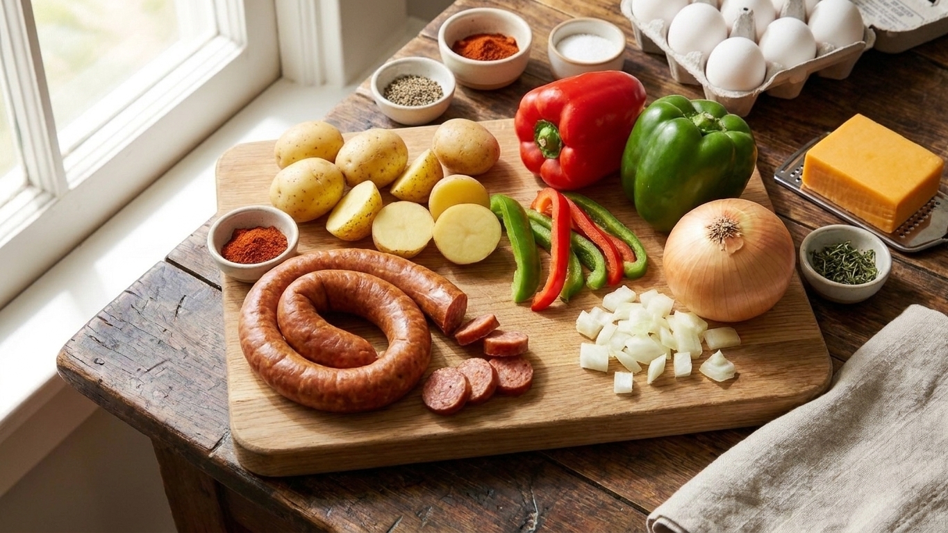 Raw ingredients for a breakfast skillet on a kitchen counter: baby potatoes, smoked sausage, bell peppers, onion, eggs, cheddar cheese, and small bowls of spices