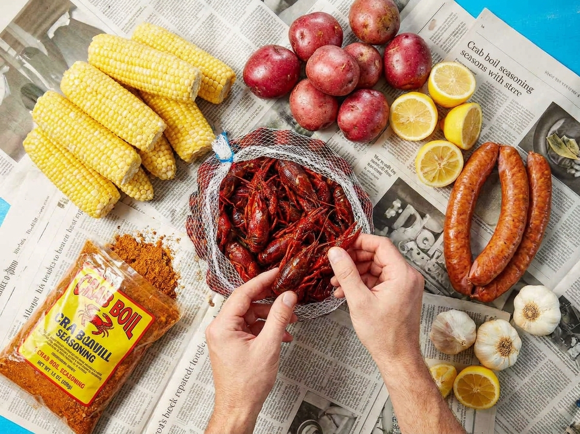 Raw ingredients for a crawfish boil on a kitchen counter including crawfish, corn, potatoes, sausage, lemons, garlic, and boil seasoning