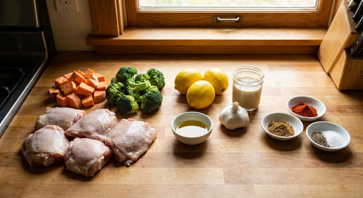 Raw ingredients for a sheet pan dinner arranged on a kitchen counter: chicken thighs, sweet potatoes, broccoli, lemons, garlic, olive oil, tahini, and spices in small bowls