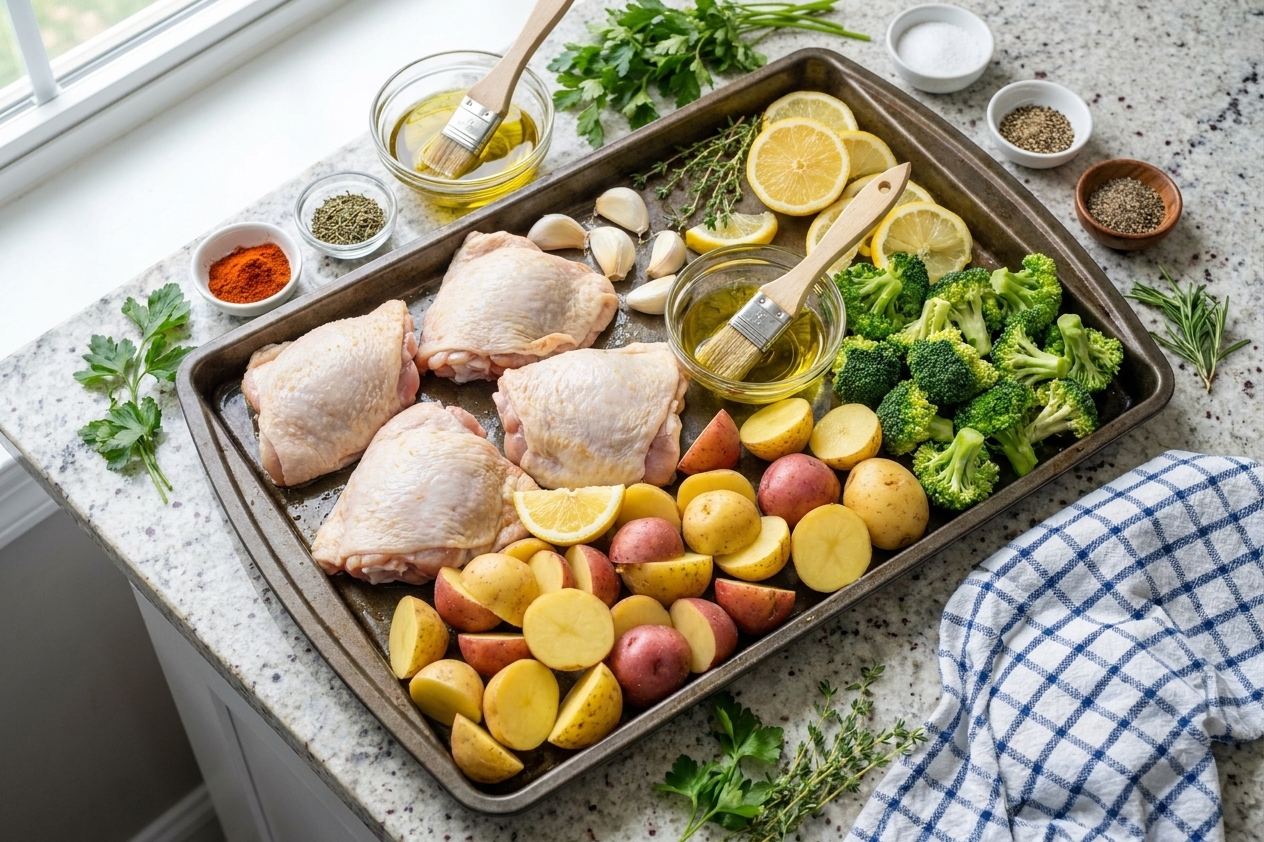 Raw ingredients for a sheet pan dinner including chicken thighs, baby potatoes, broccoli, lemons, garlic, olive oil, and spices arranged on a clean kitchen counter