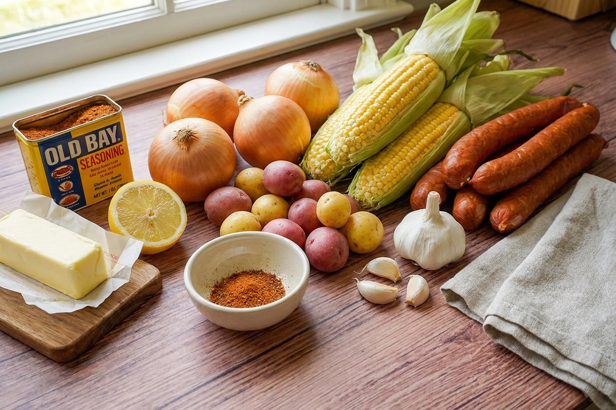 Raw ingredients for an onion boil on a kitchen counter including whole onions, baby potatoes, corn on the cob, smoked sausage, garlic, butter, lemon, and Old Bay seasoning