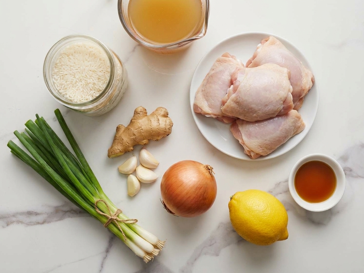 Raw ingredients for arroz caldo arranged on a light kitchen counter, including chicken thighs, uncooked jasmine rice, ginger, garlic, onion, broth, scallions, lemon, and a small bowl of fish sauce