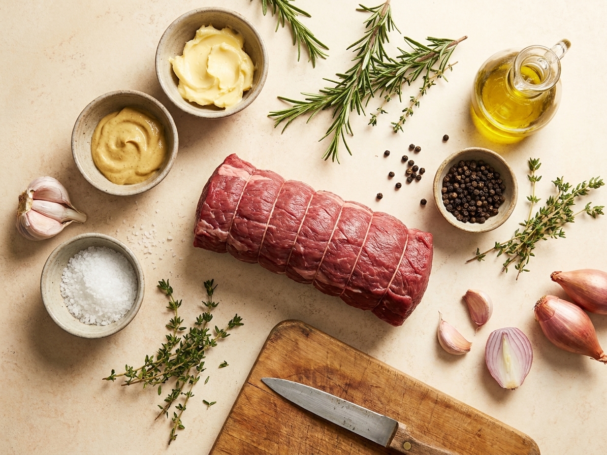 Raw ingredients for beef fillet roast on a kitchen counter including beef fillet roast, garlic, rosemary, thyme, Dijon mustard, butter, olive oil, salt, pepper, and shallots in small bowls