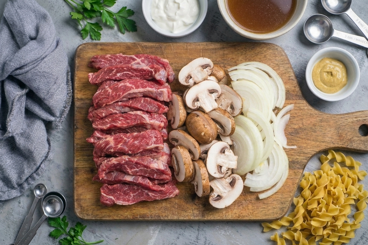 Raw ingredients for beef stroganoff arranged on a kitchen counter, including sliced beef, mushrooms, onions, sour cream, broth, mustard, and egg noodles