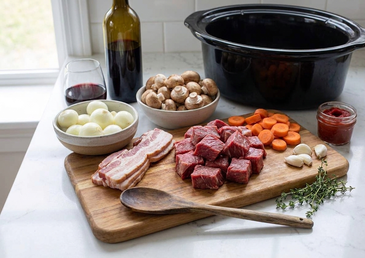 Raw ingredients for boeuf bourguignon arranged on a kitchen counter, including beef chuck cubes, bacon, carrots, onions, garlic, thyme, mushrooms, tomato paste, and a bottle of red wine