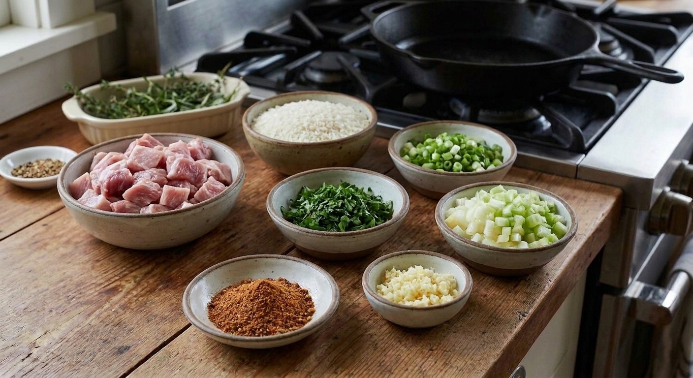 Raw ingredients for boudin on a kitchen counter including pork shoulder cubes, white rice, green onions, parsley, onion, celery, garlic, and Cajun spices in small bowls