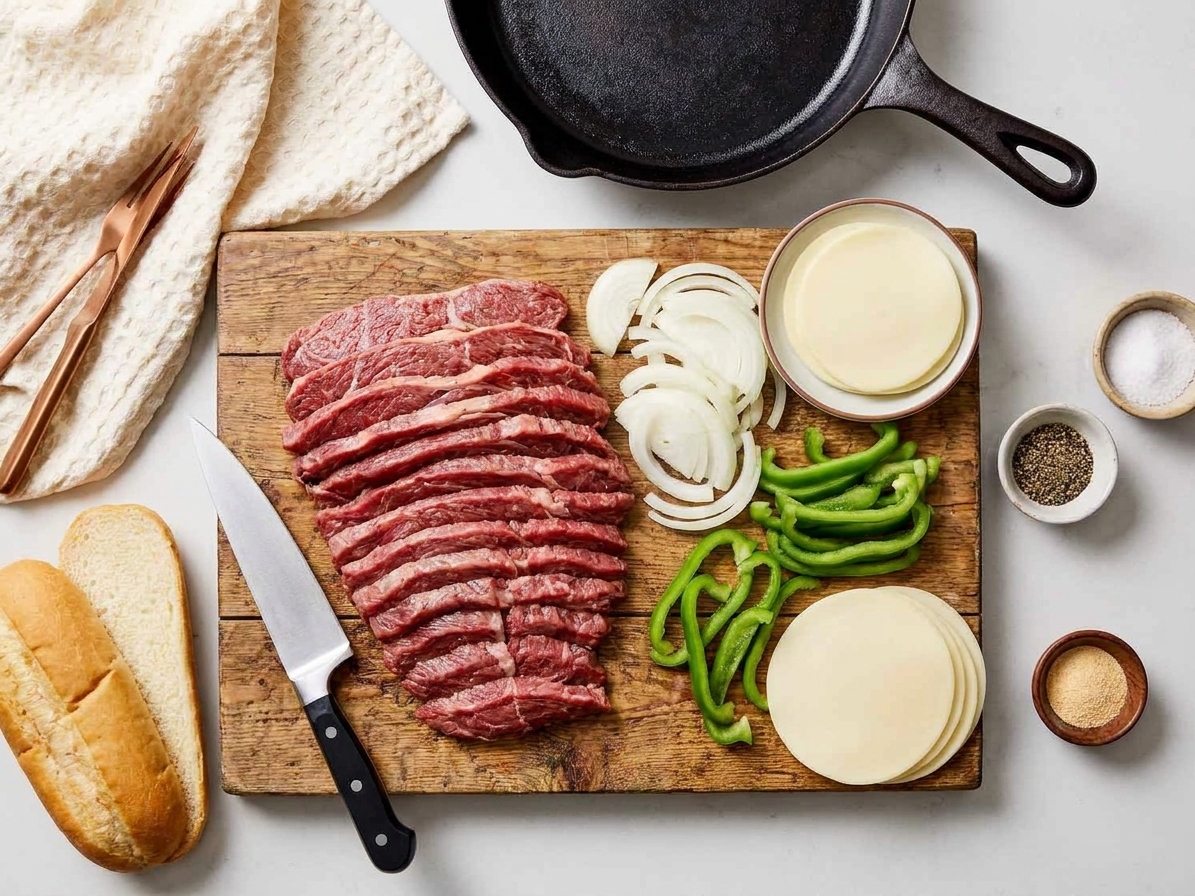 Raw ingredients for cheese steak sandwiches on a kitchen counter: thinly sliced ribeye, sliced onions and green bell peppers, provolone slices, hoagie rolls, and small bowls of seasonings