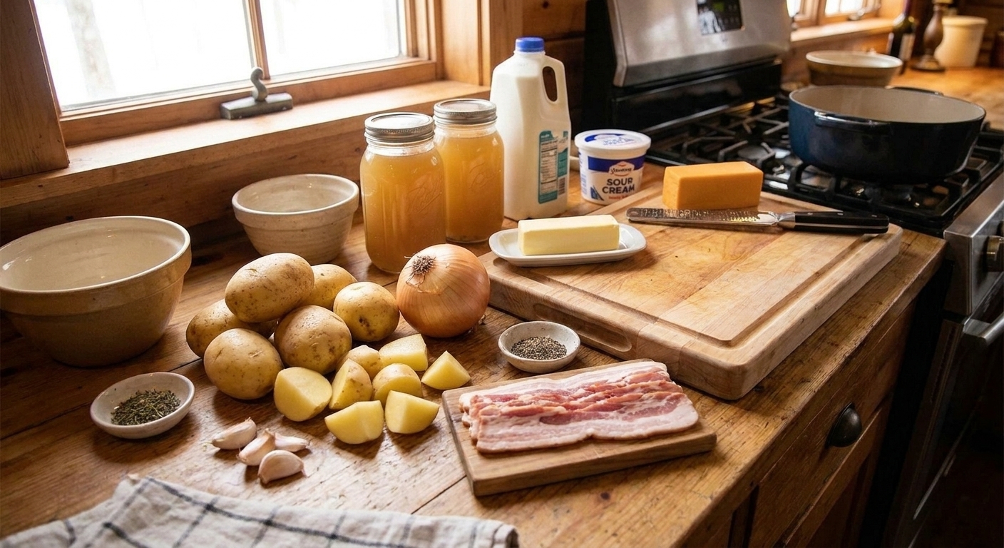 Raw ingredients for cheesy potato soup arranged on a kitchen counter including Yukon gold potatoes, onion, garlic, bacon, cheddar cheese, broth, milk, sour cream, butter, and seasonings under soft natural light