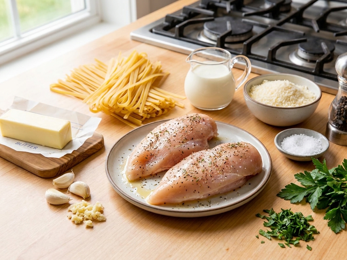 Raw ingredients for chicken Alfredo on a bright kitchen counter including fettuccine, chicken breasts, butter, garlic, heavy cream, Parmesan, salt, pepper, and parsley