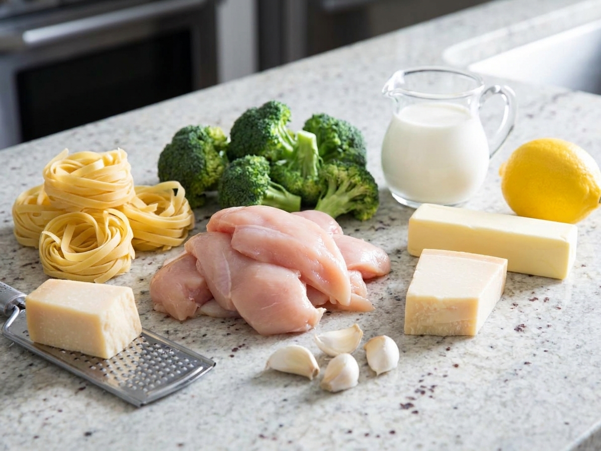 Raw ingredients for chicken and broccoli Alfredo arranged on a clean kitchen counter, including pasta, broccoli, chicken, garlic, cream, butter, Parmesan, and lemon