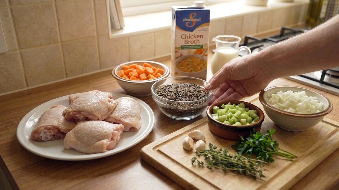 Raw ingredients for chicken and wild rice soup arranged on a kitchen counter including chicken thighs, wild rice, carrots, celery, onion, garlic, broth, cream, and herbs in small bowls