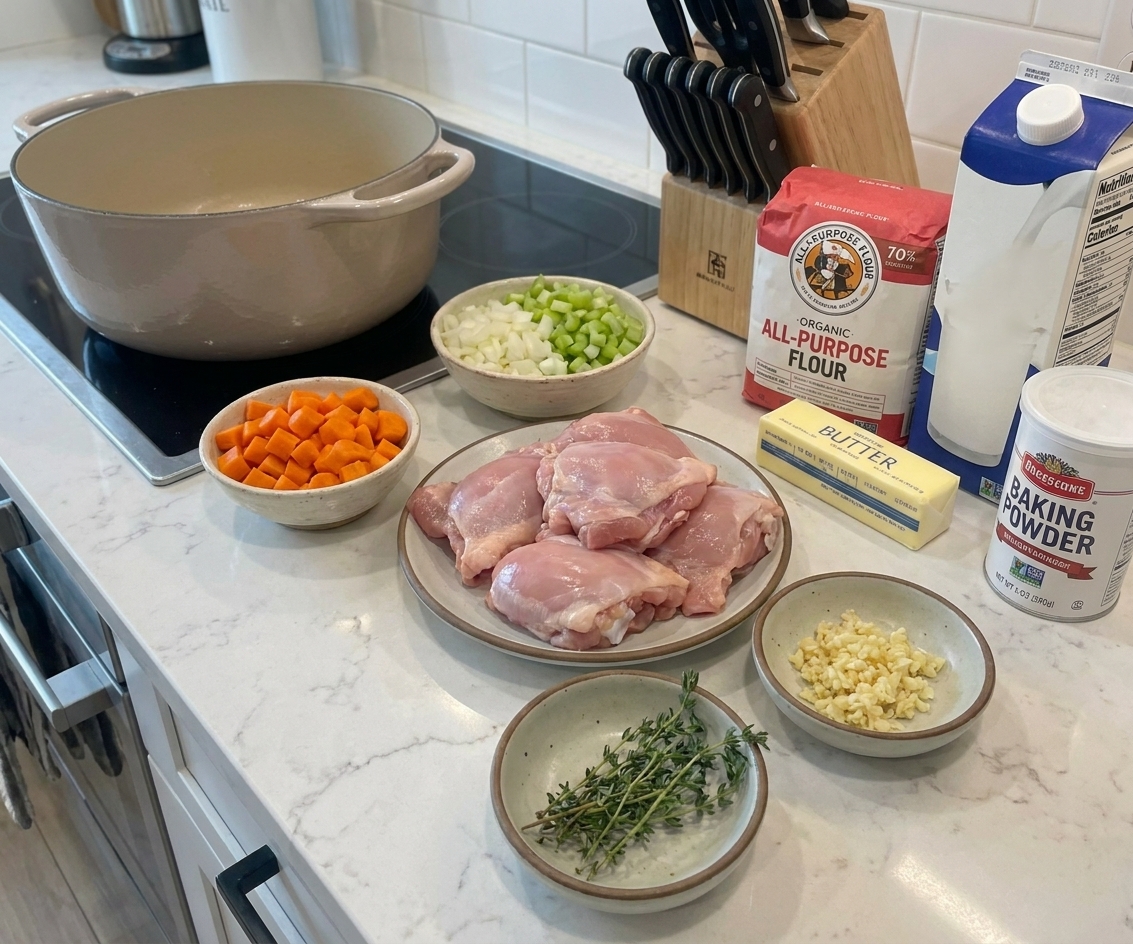 Raw ingredients for chicken dumpling soup on a kitchen counter including chicken thighs, carrots, celery, onion, garlic, flour, baking powder, milk, butter, and fresh herbs