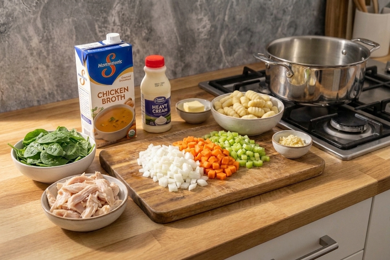 Raw ingredients for chicken gnocchi soup arranged on a bright kitchen counter, including chicken, gnocchi, spinach, carrots, celery, onion, garlic, broth, and cream