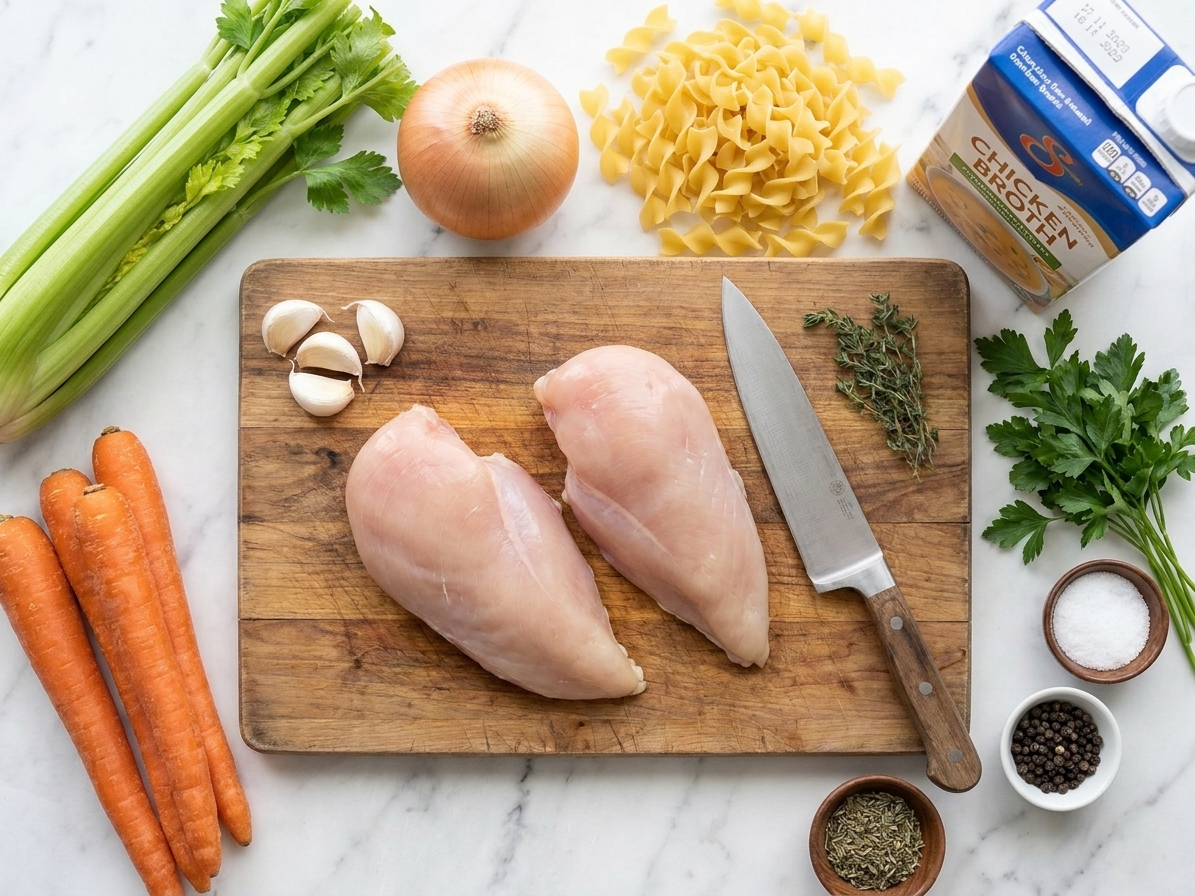 Raw ingredients for chicken noodle soup including chicken breasts, carrots, celery, onion, garlic, egg noodles, broth, and herbs arranged on a bright kitchen counter