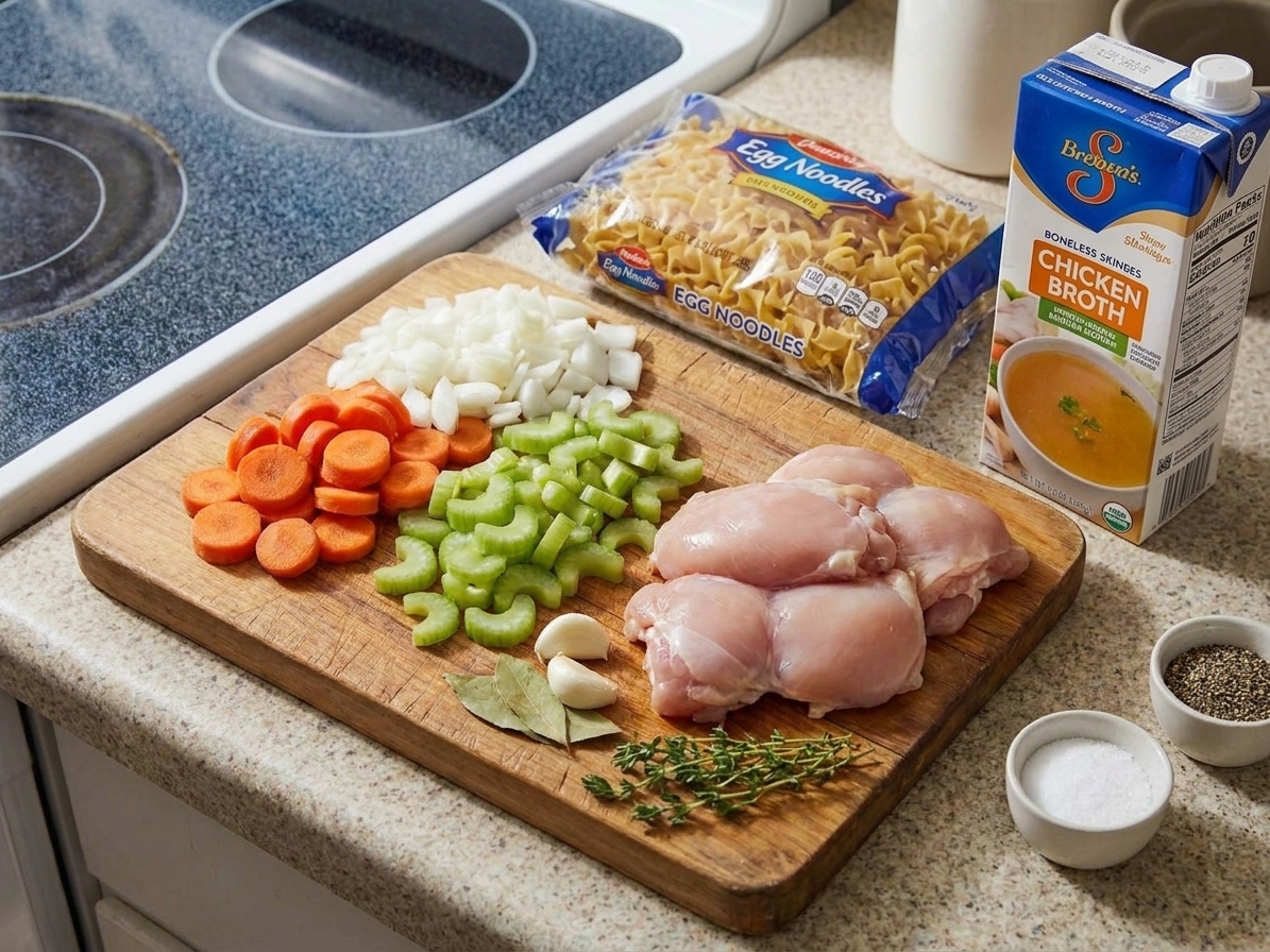 Raw ingredients for chicken noodle soup on a kitchen counter including chicken thighs, carrots, celery, onion, garlic, herbs, broth, and egg noodles