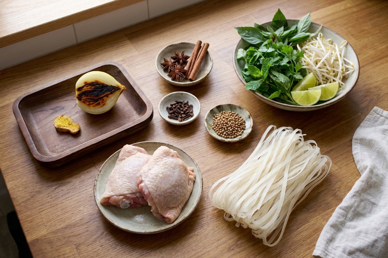 Raw ingredients for chicken pho arranged on a kitchen counter including chicken thighs, rice noodles, onion, ginger, herbs, limes, and whole spices in small bowls