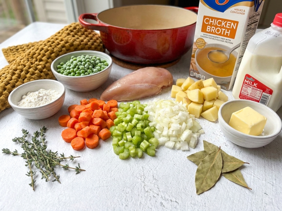 Raw ingredients for chicken potpie soup arranged on a kitchen counter: chicken, carrots, celery, onion, potatoes, peas, broth, milk, flour, butter, thyme, and bay leaf