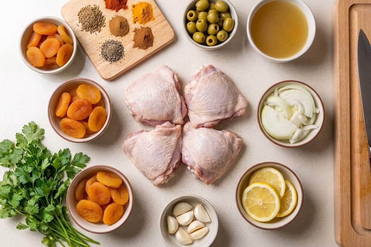 Raw ingredients for chicken tagine arranged on a kitchen counter, including chicken thighs, dried apricots, olives, onions, garlic, lemons, spices, and broth