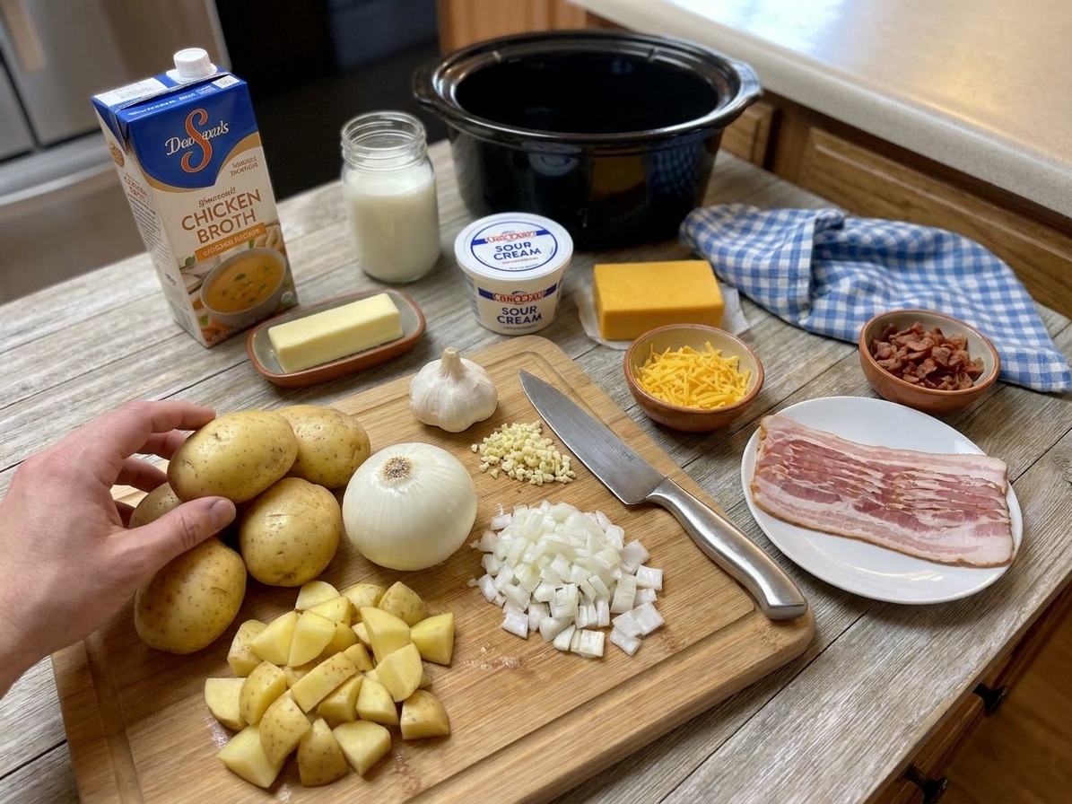 Raw ingredients for crock pot potato soup arranged on a bright kitchen counter including potatoes, onion, garlic, broth, butter, milk, sour cream, cheddar, and bacon