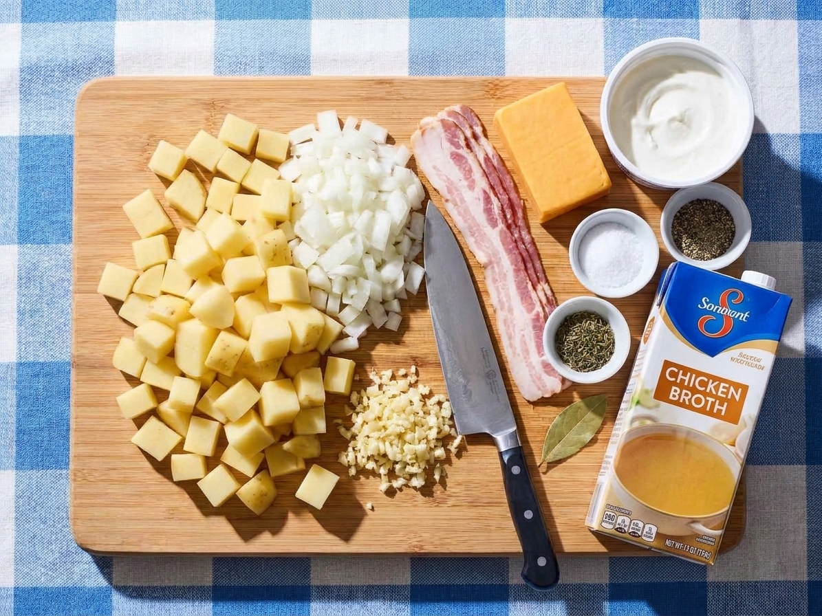 Raw ingredients for crockpot potato soup arranged together including russet potatoes, onion, garlic, chicken broth, bacon, cheddar, sour cream, and seasonings