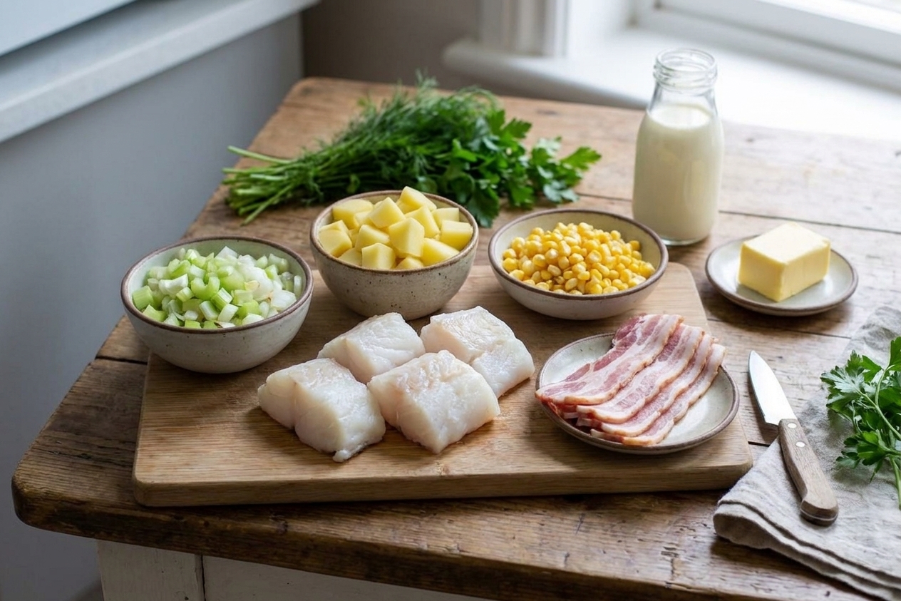 Raw ingredients for fish chowder arranged on a clean kitchen counter, including white fish fillets, potatoes, onions, celery, bacon, corn, cream, butter, and fresh herbs