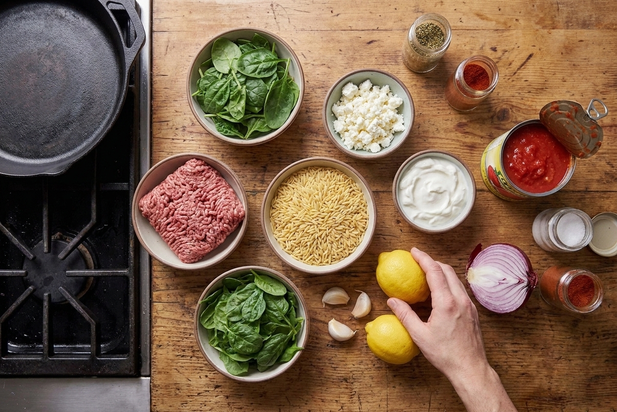 Raw ingredients for ground beef orzo on a kitchen counter including ground beef, orzo, spinach, lemon, garlic, onion, canned tomatoes, feta, yogurt, and spices laid out in bowls