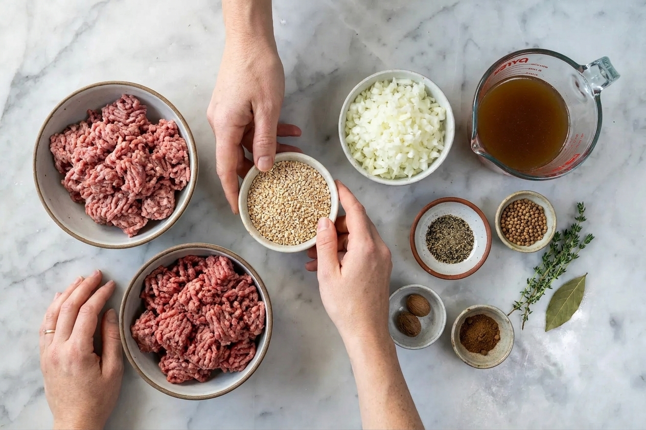 Raw ingredients for homemade haggis arranged on a light kitchen counter, including ground lamb, ground beef, steel cut oats, onion, beef broth, and small bowls of spices