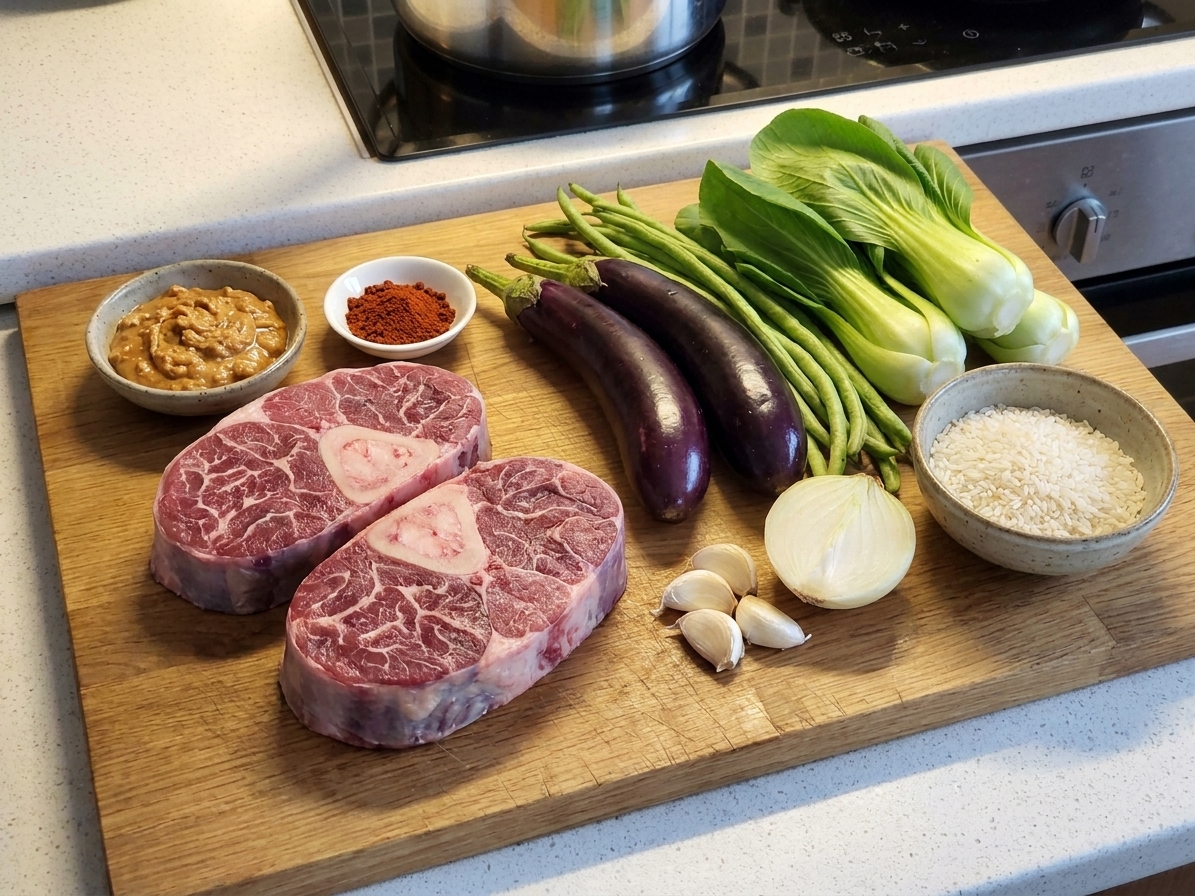 Raw ingredients for kare-kare arranged on a kitchen counter including beef shanks, peanut butter, annatto powder, eggplant, long beans, bok choy, garlic, onion, and rice