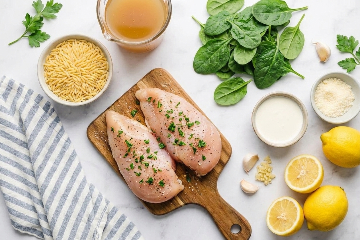 Raw ingredients for lemon chicken orzo arranged on a kitchen counter, including chicken breasts, orzo, lemons, garlic, Parmesan, spinach, chicken broth, and a small bowl of cream