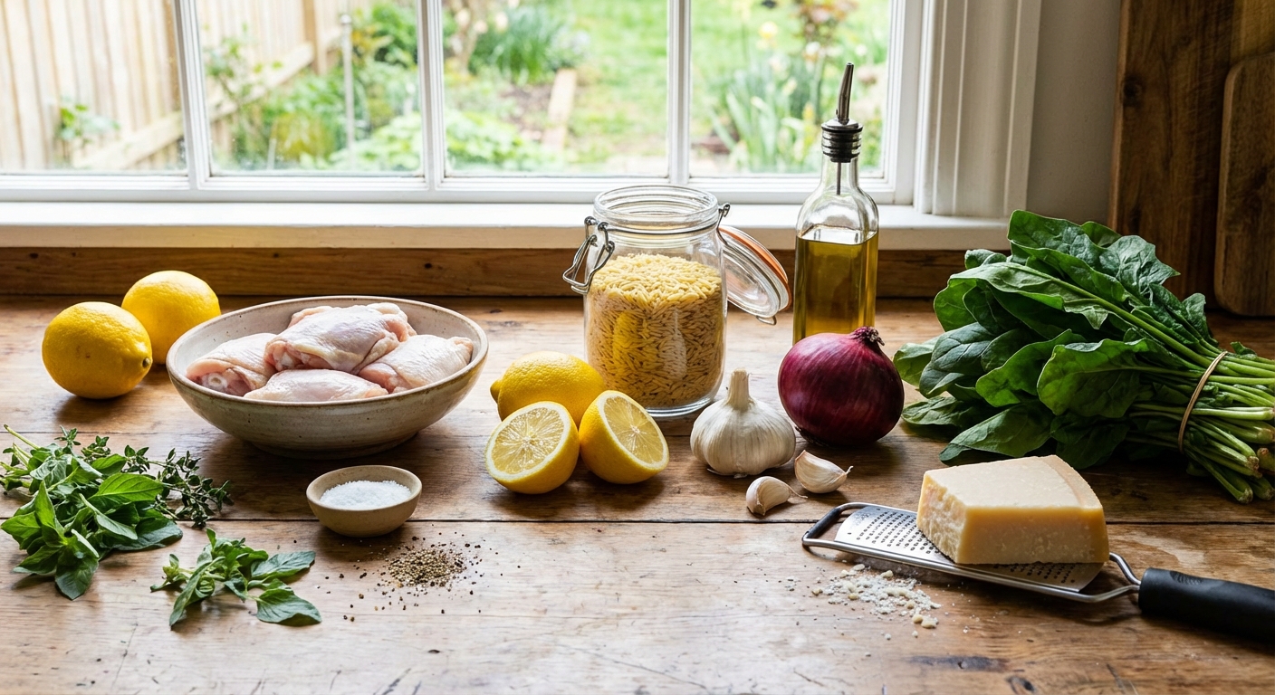 Raw ingredients for lemon chicken orzo including chicken thighs, lemons, orzo, garlic, onion, spinach, and Parmesan on a kitchen counter