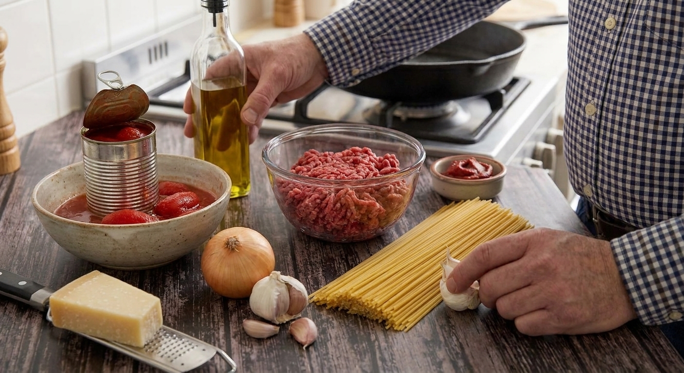Raw ingredients for minced beef spaghetti on a kitchen counter including minced beef, spaghetti, canned tomatoes, onion, garlic, olive oil, tomato paste, and Parmesan