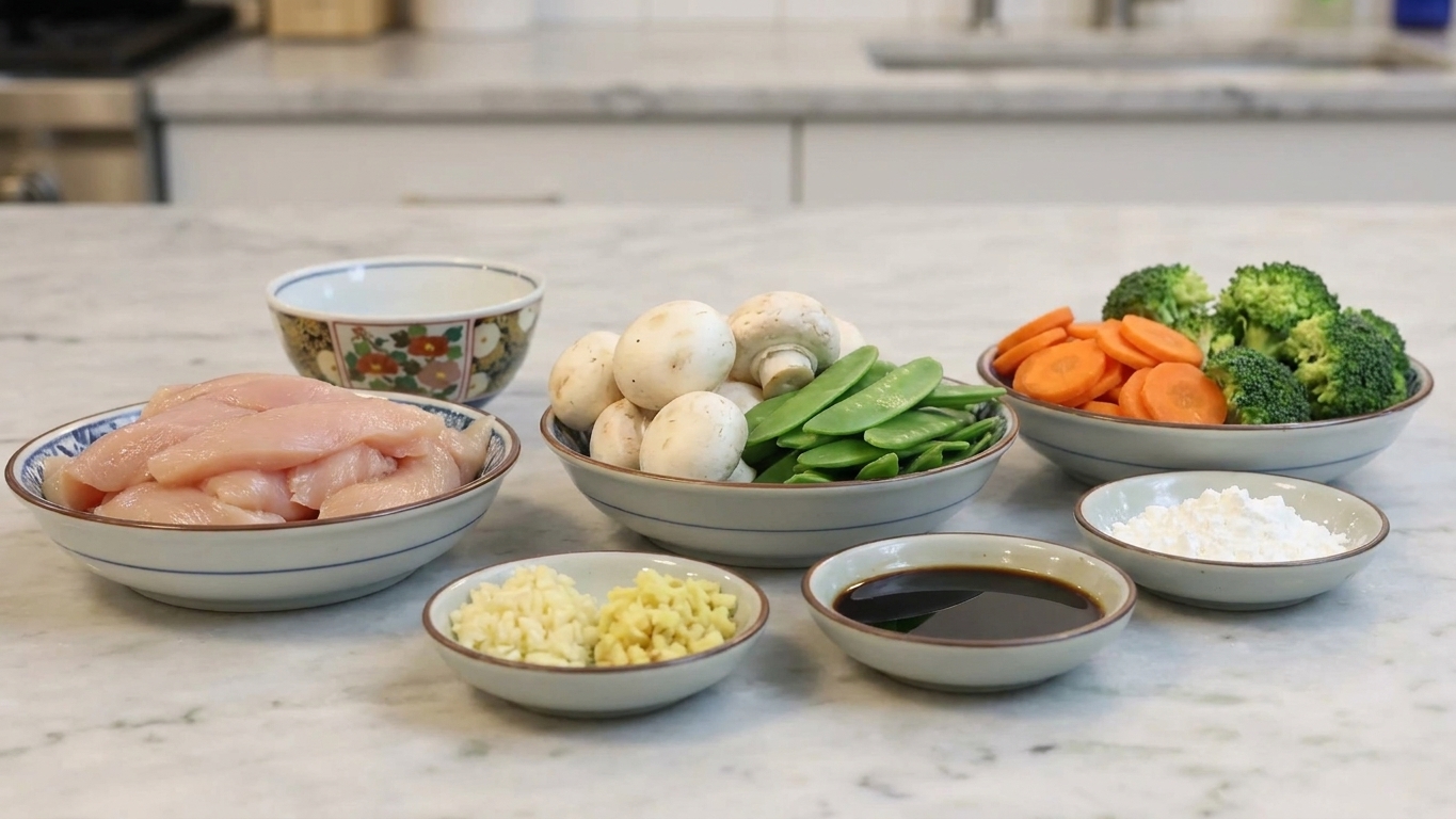 Raw ingredients for moo goo gai pan arranged on a kitchen counter, including sliced chicken, mushrooms, snow peas, carrots, broccoli, garlic, ginger, soy sauce, and cornstarch in small bowls