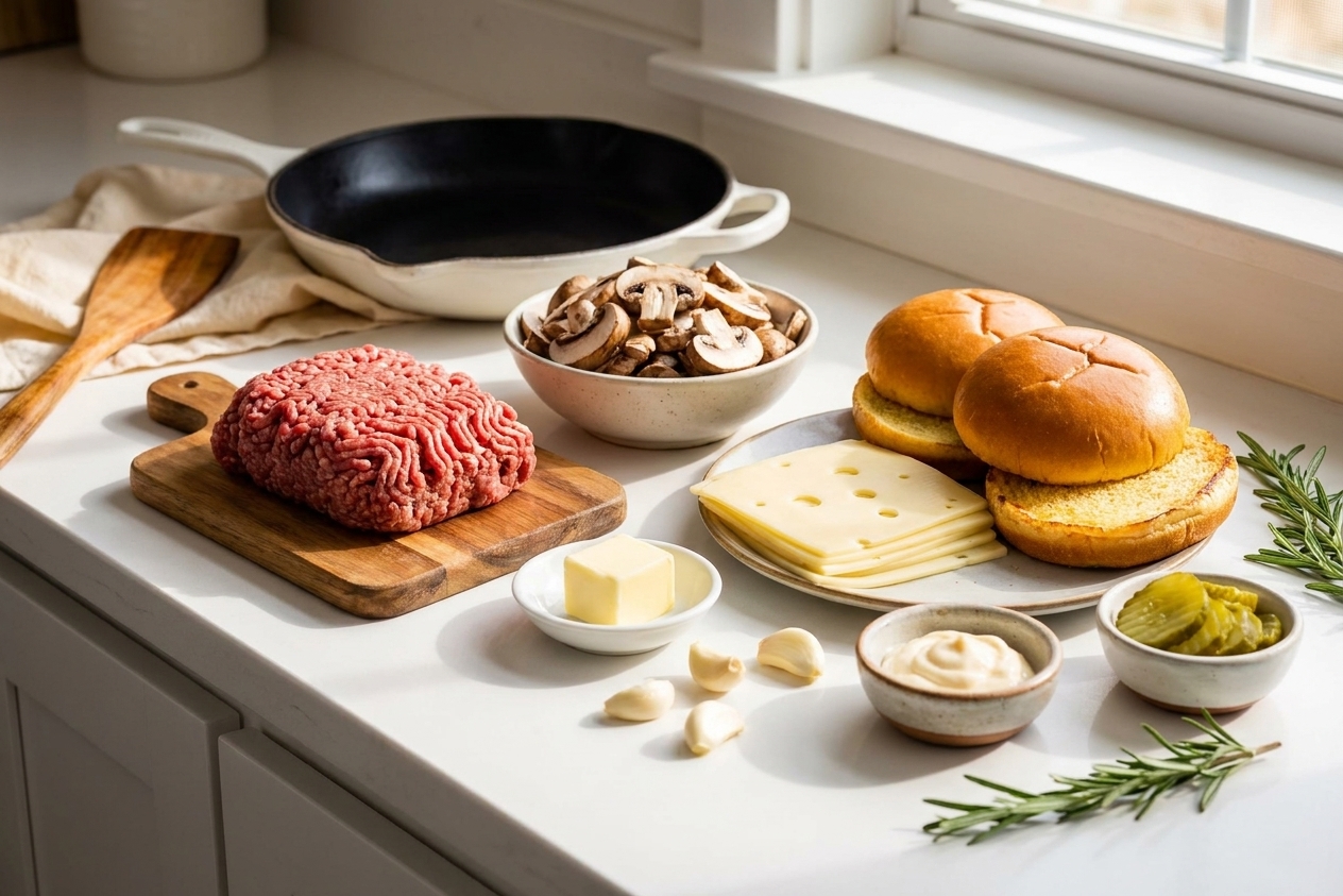 Raw ingredients for mushroom Swiss burgers arranged on a kitchen counter: ground beef, sliced mushrooms, Swiss cheese slices, buns, butter, garlic, and small bowls of condiments