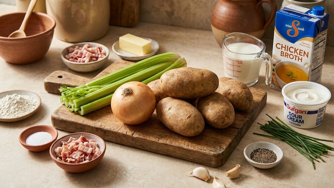 Raw ingredients for old fashioned potato soup arranged on a kitchen counter: russet potatoes, onion, celery, garlic, bacon, butter, flour, milk, chicken broth, sour cream, chives, salt, and pepper