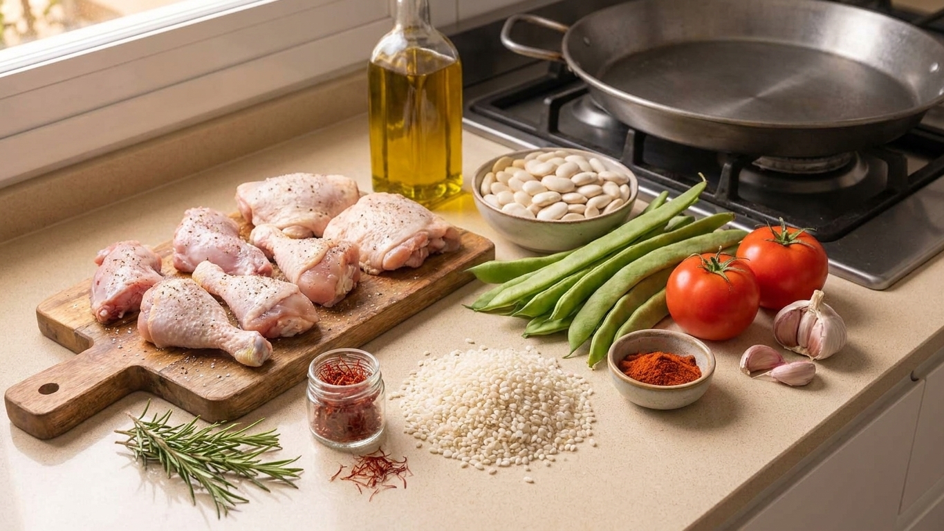 Raw ingredients for paella valenciana arranged on a kitchen counter: chicken pieces, rabbit pieces, short grain rice, saffron, green beans, butter beans, tomatoes, olive oil, garlic, paprika, and rosemary
